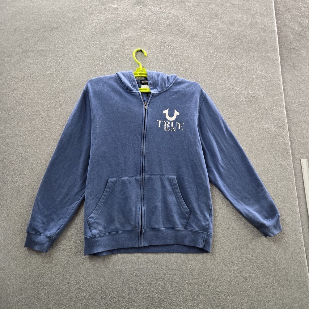 True Religion Men Hoodie L/G Blue Fleece Logo Text Graphic Zipper